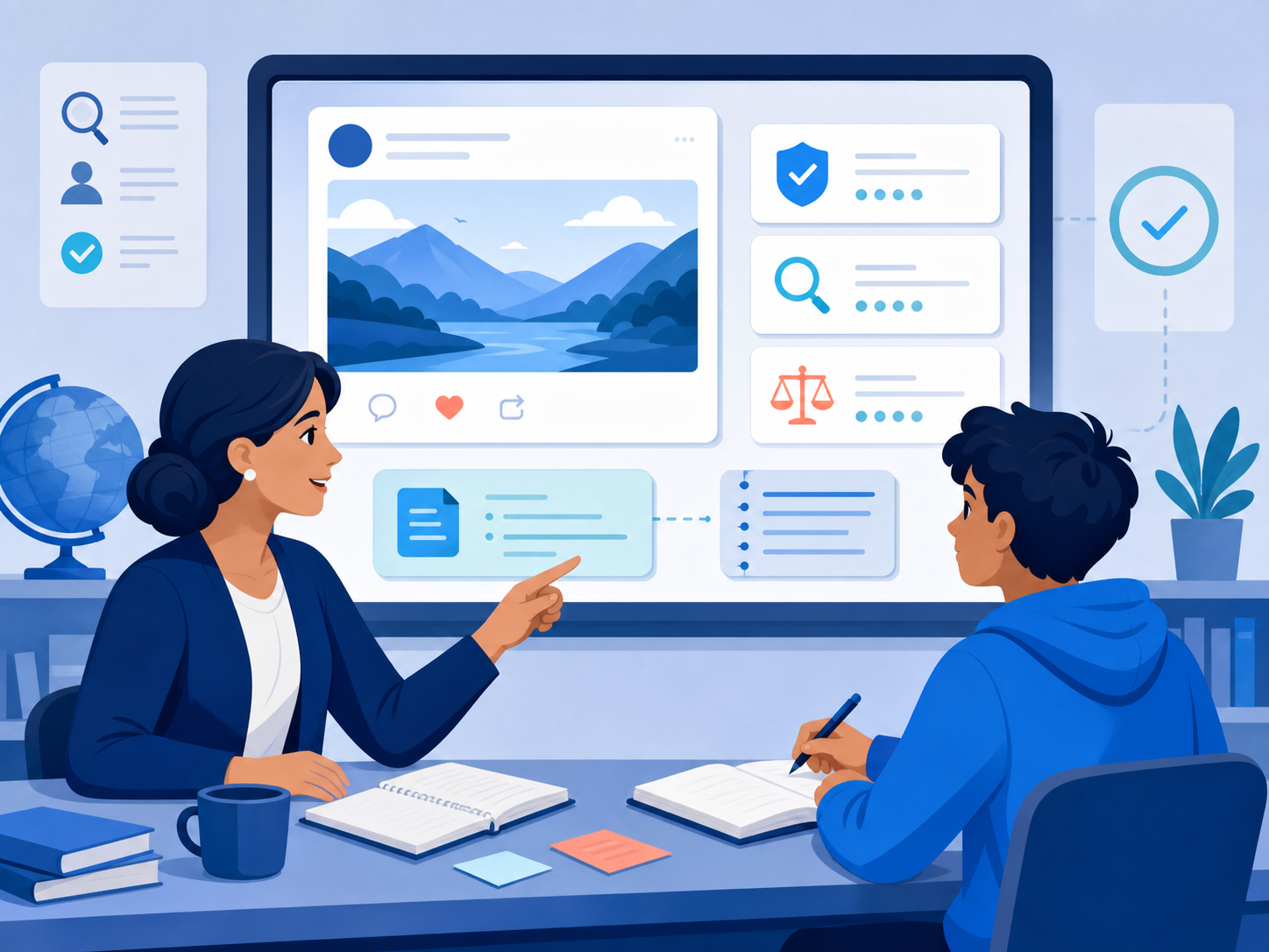 Illustration of educators and students evaluating public content