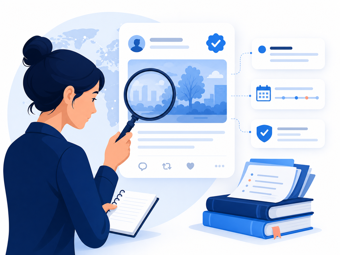 Illustration of journalists and researchers reviewing a public post